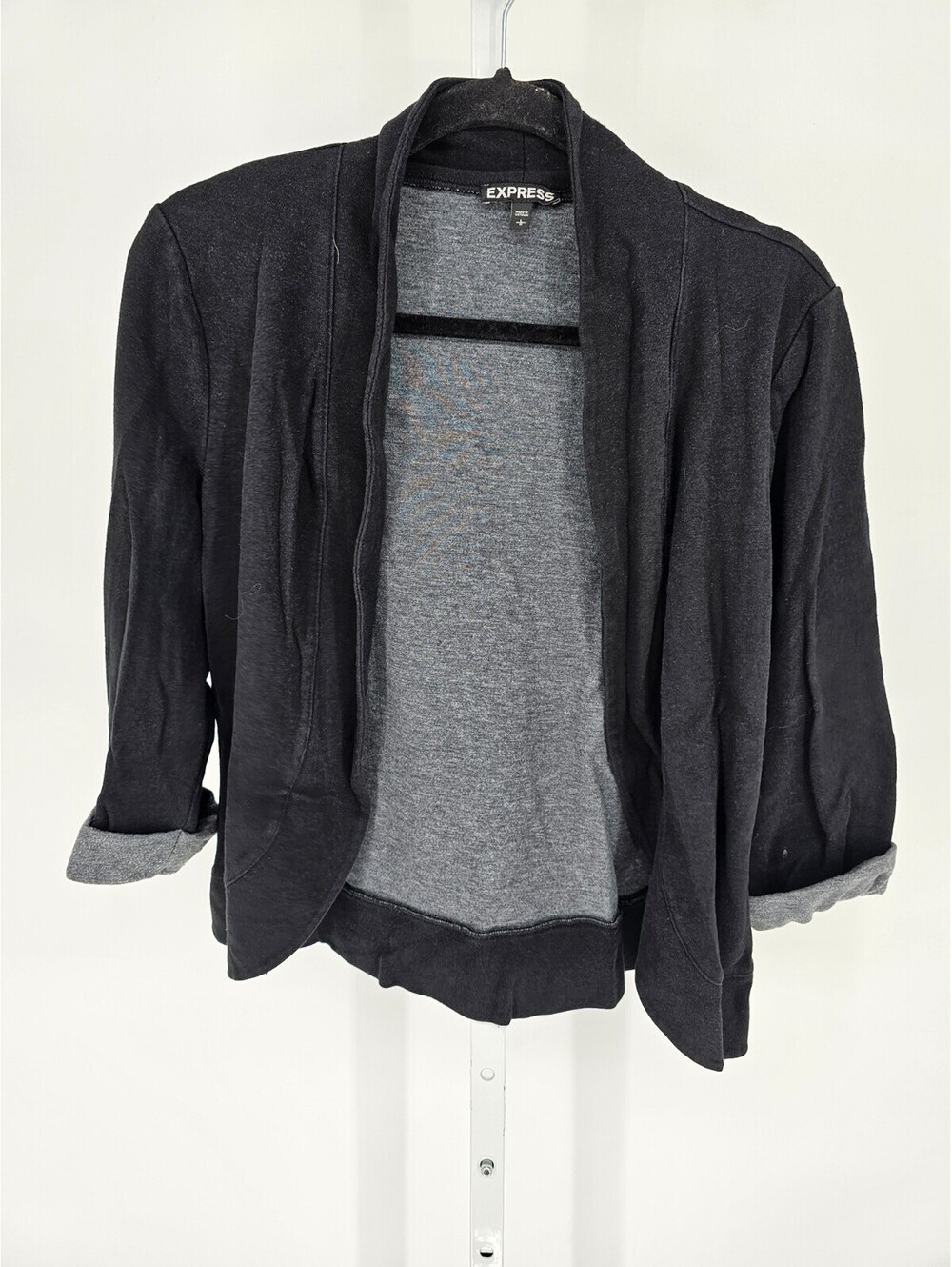 Express Womens Sz L 3/4 Sleeve Open Front Suit Jacket Blazer Black